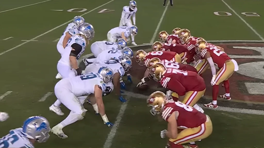 샌프란시스코 49ers와 디트로이트 라이온스, NFL 2개 팀이 풋볼 경기장에서 경기를 펼칩니다.